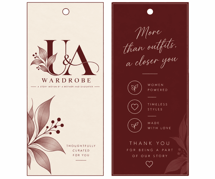 U and A Wardrobe hang tags reading 'More than outfits, a closer you'