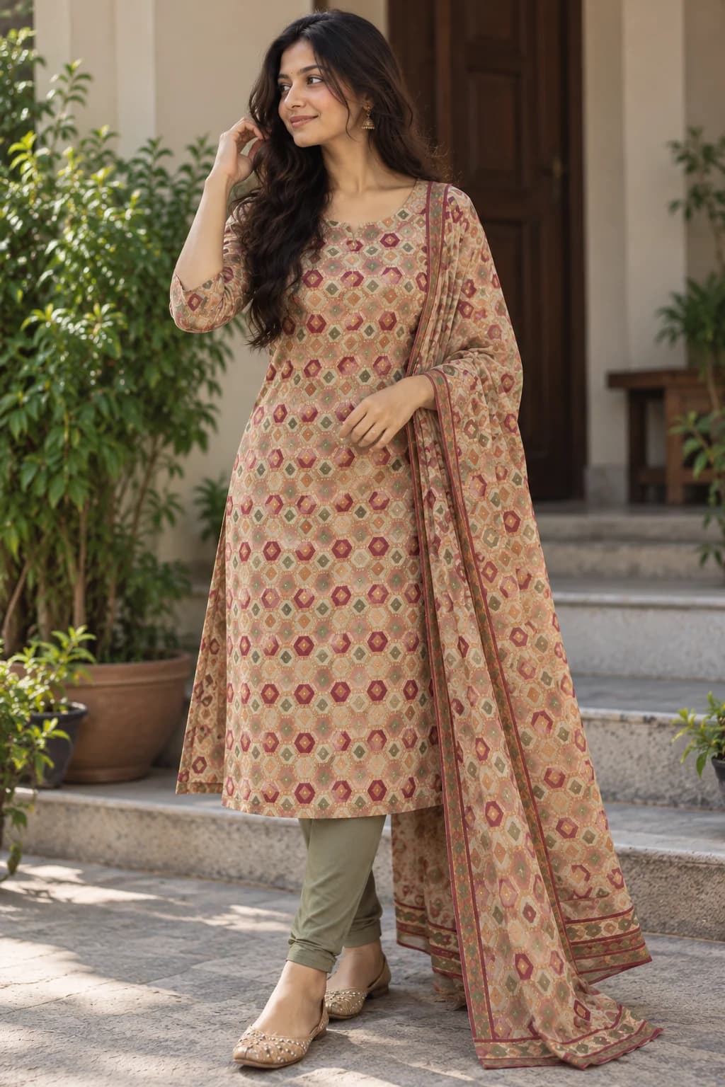Beige hexagon-print kurta set with dupatta, photo 1