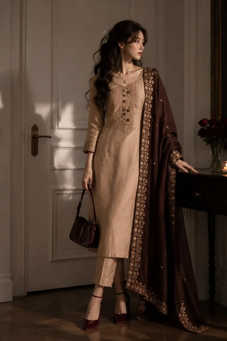Beige kurta set with maroon dupatta