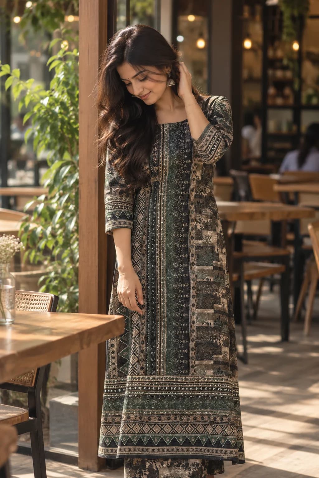 Green ethnic panel-print kurta, photo 1