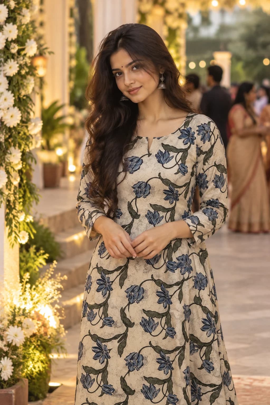 Ivory kurta with indigo florals, photo 1