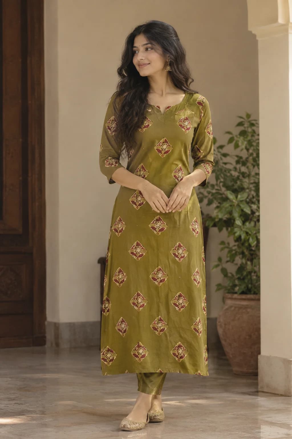 Olive block-print kurta set