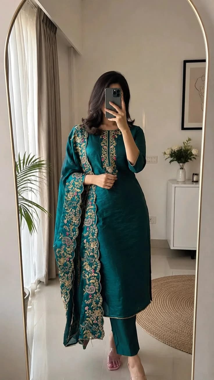 Teal silk kurta set with embroidered dupatta